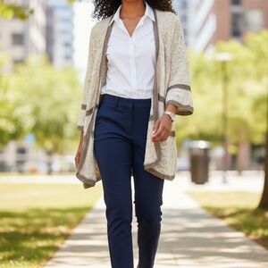 Chico’s Cream & Brown Open-Front Knit Kimono Cardigan | Size 3